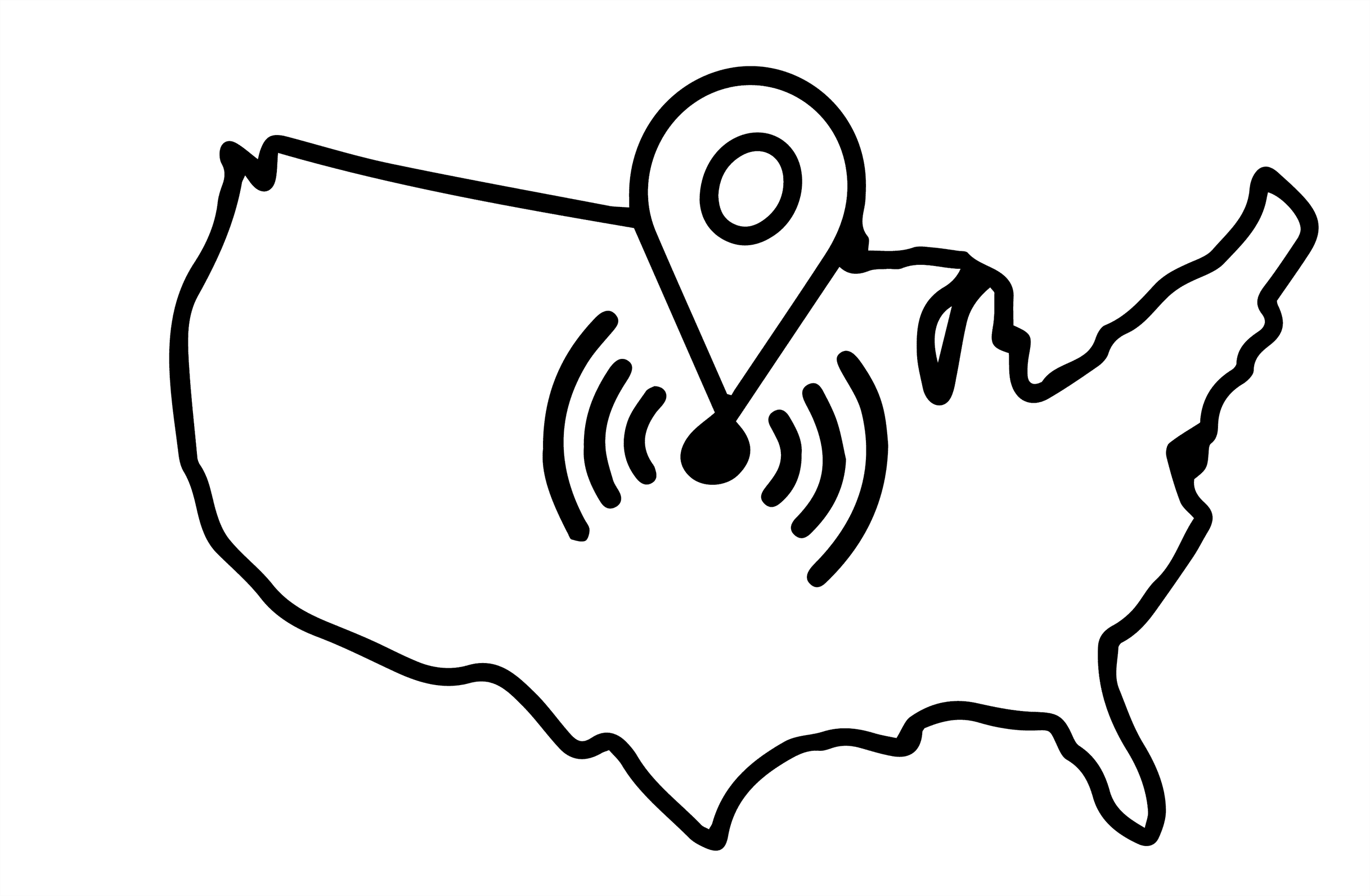 line outline of the United States with a pinpoint in the middle.