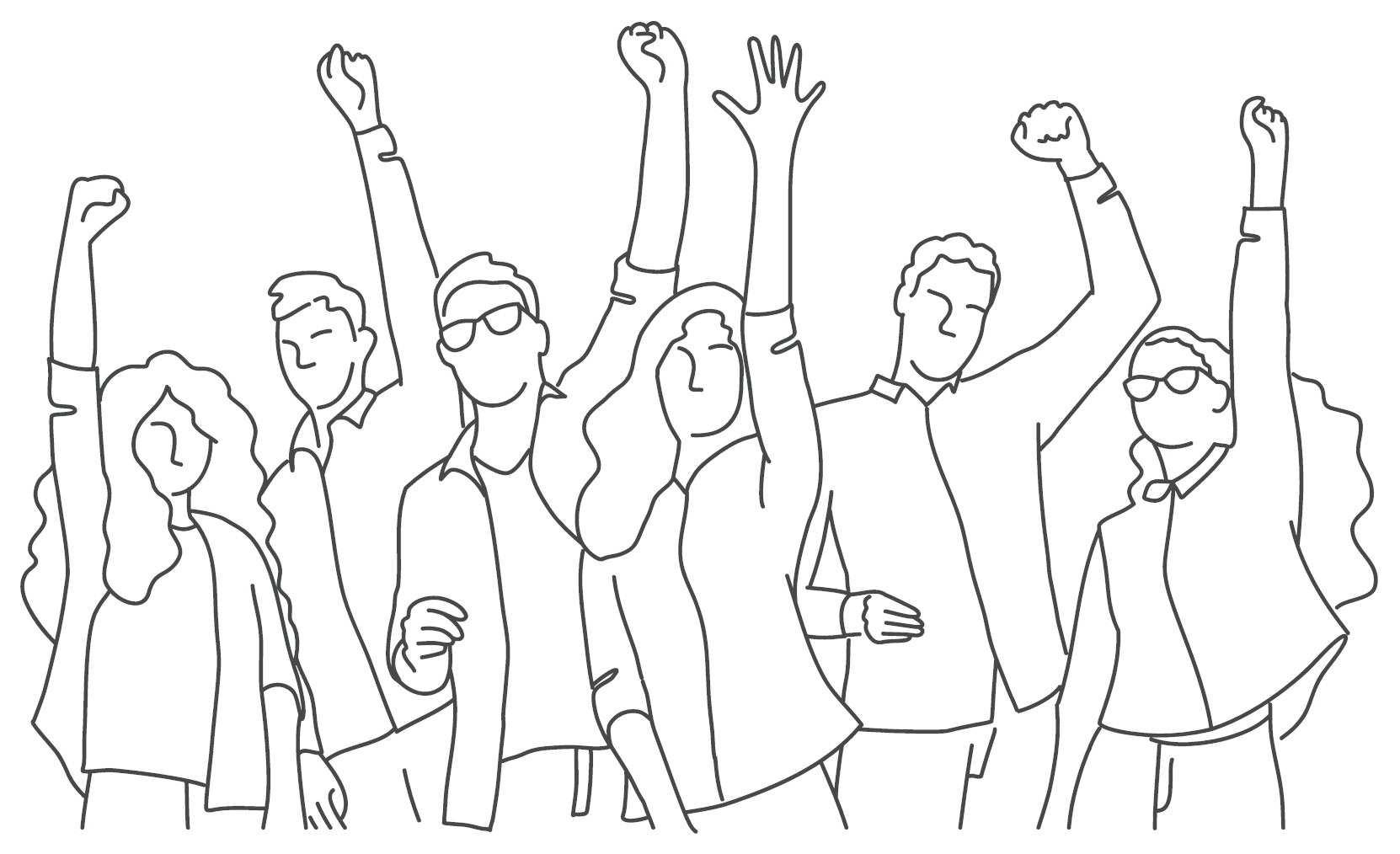 Line drawing for a group of people celebrating with their hands in the air.