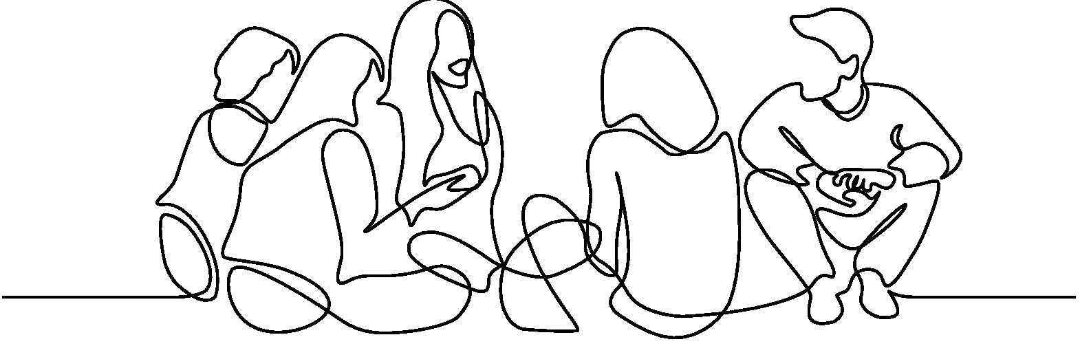 Line drawing of a group of people sitting and talking on the floor. It is one single connecting line.